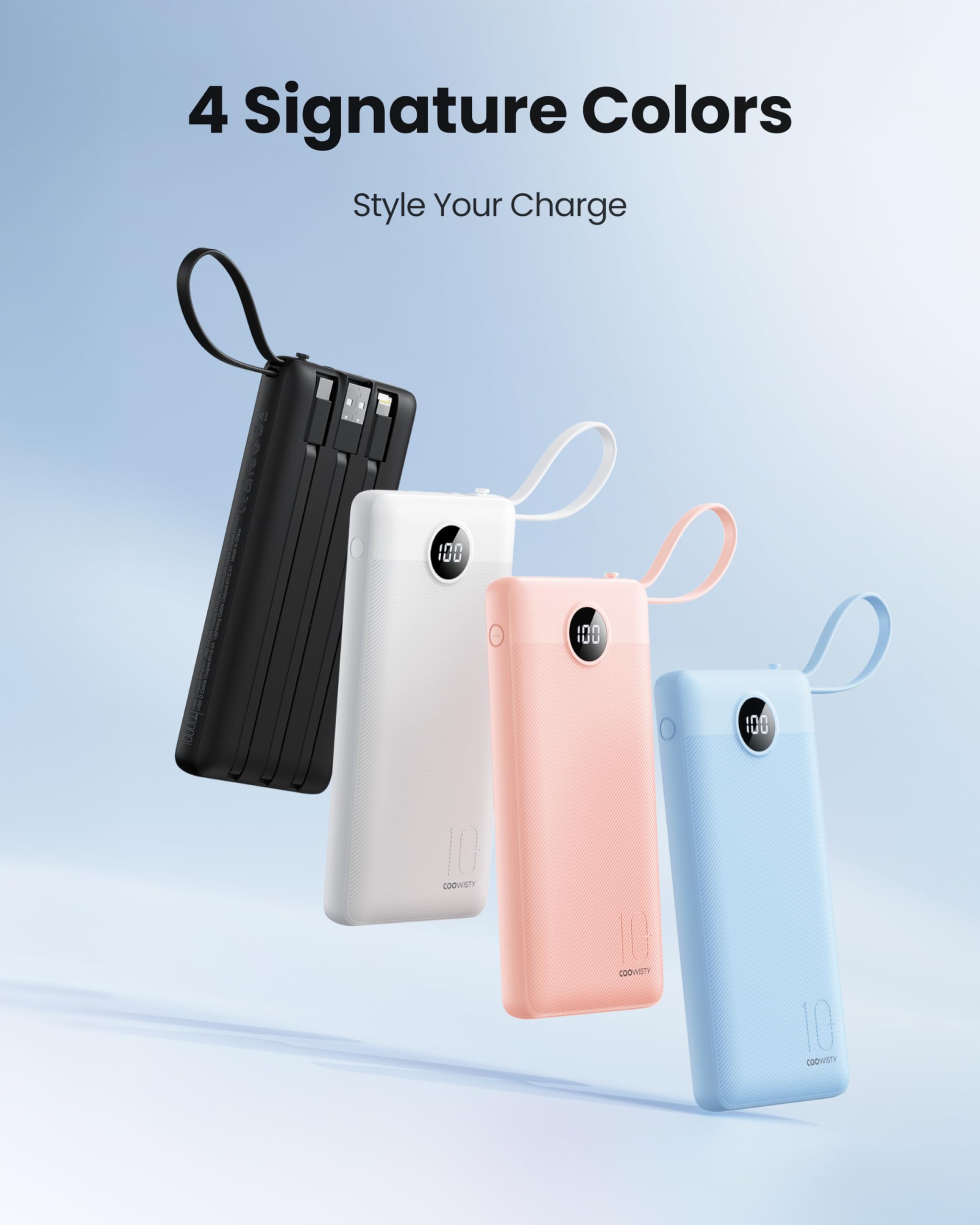 Coowisty Power Bank mit Ladekabel, 10000mAh Tragbares Ladegerät USB C, 5 Ausgänge 2 Eingänge LED Display Externe Akkupack für Handys,Kompatibel mit iPhone, Samsung, Huawei und mehr (Schwarz) 2