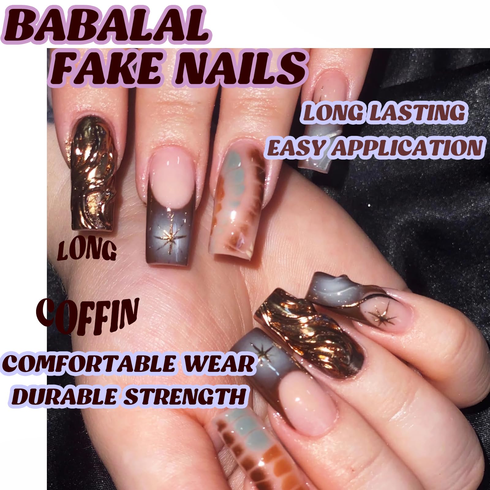 BABALAL Square Press on Nails Long Fake Nails French Tip Glue on Nails Brown Chrome Acrylic Nails 3d Water Wave Design Squoval Stick on False Nails 24Pcs Y2k Manicure Nails for Women and Girls - Image 5