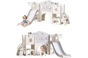 GITAWUSA 8 in 1 Toddler Slide, Outdoor Indoor Playset for Kids Baby Age 1 2 3, Childs Climber Slide with Storage Space and Non-Slip Steps, Basketball Hoopa and Telescope, Gray & White