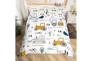 Feelyou Cartoon Car Kids Bedding Set Construction Bedding Duvet Cover Set Boys Decor Equipment Trucks Comforter Cover Set Excavator Tractor White Yellow Bedspread Cover Bedroom Quilt Cover 2Pcs Twin