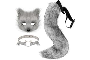 hbbhml Faux Fur Fox Mask Wolf Cat Fluffy Tail and Leather Necklace Set Halloween Party Cosplay Costume Accessory