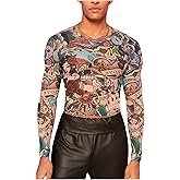 Floerns Men's Cartoon Print Long Sleeve T Shirt Nightclub Sheer Mesh Crop Tops