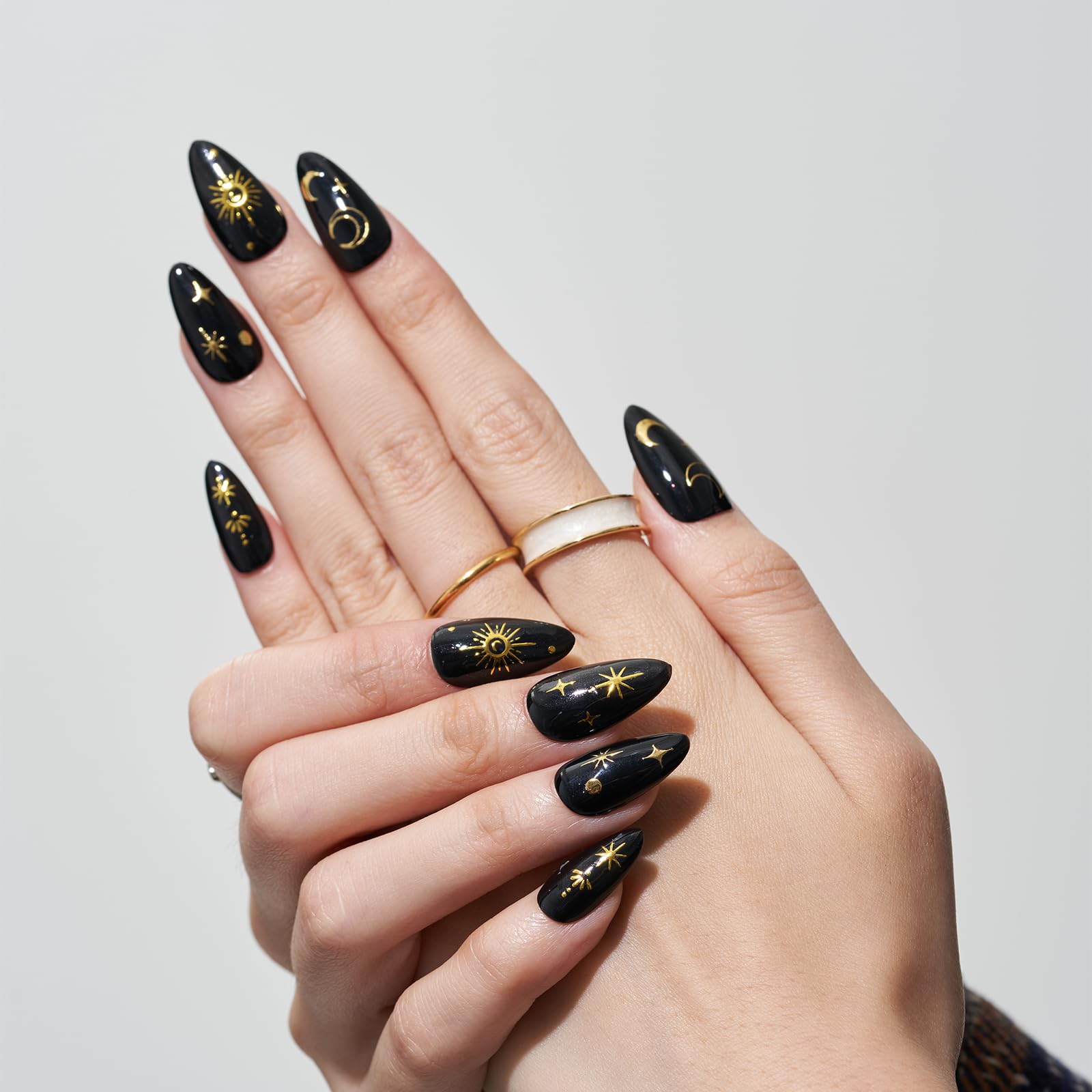 GLAMERMAID Press on Nails Medium Almond, Handmade Gothic Star in Black Gel Glue on Nail, 24Pcs Glossy Short Stiletto Reusable UV Finish Fake Nails Acrylic False Nails Manicure Kits for Women - Image 6