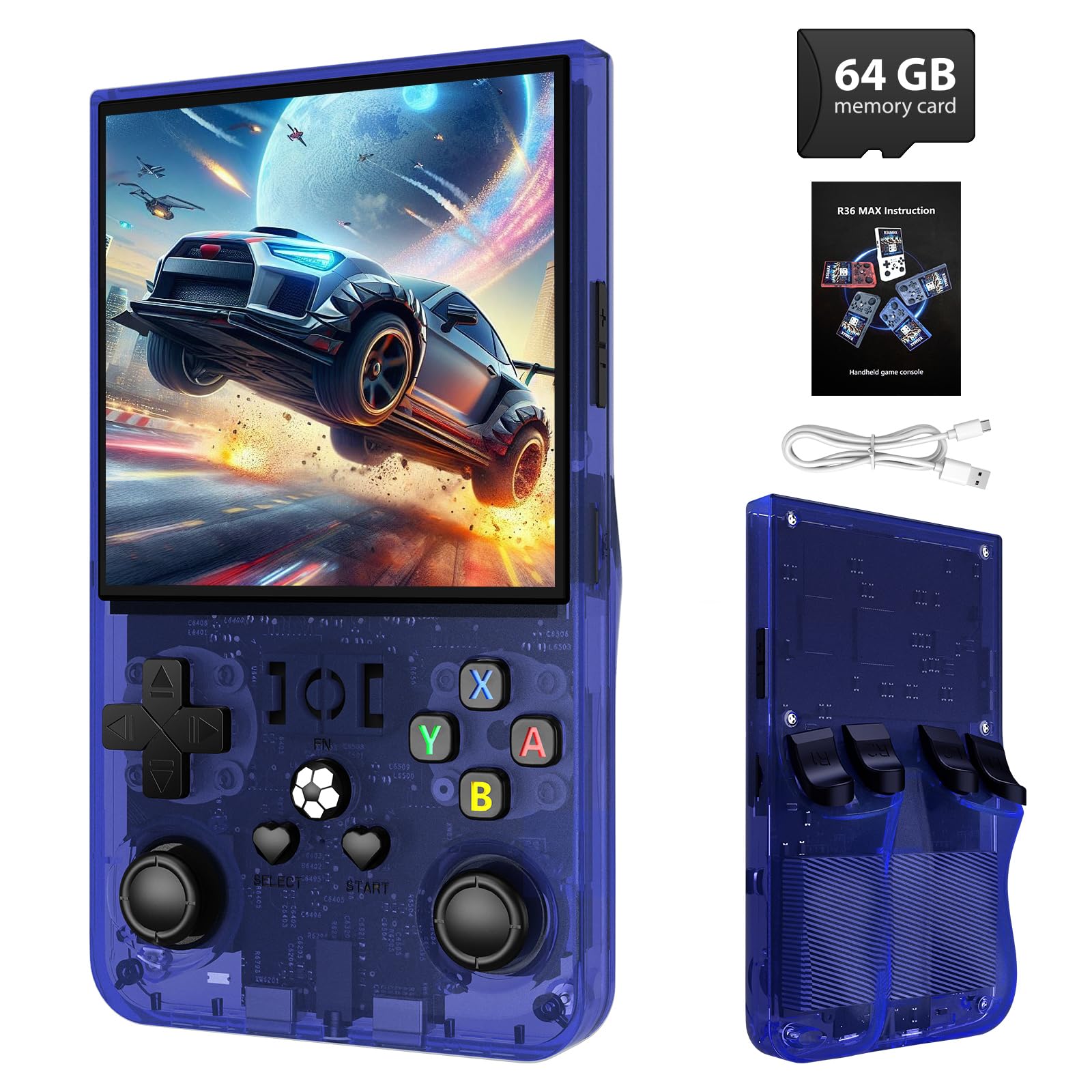 Photo 1 of R36MAX Retro Handheld Game Console - 64GB Preloaded Classic Video Games, Support 30+ Simulators, Linux-Powered Portable Game Emulator Console with 4.0-in HD IPS Screen (Transparent Blue)