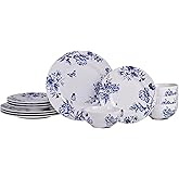 222 Fifth 12-Piece Porcelain Dinnerware Set for 4, White & Blue Plates and Bowls Set, Glossy Ceramic Dish Set with Embossed Toile Pattern, Elegant Kitchen Dishes, Microwave & Dishwasher Safe, Cassian