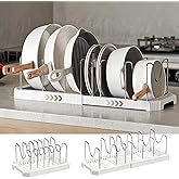 Silanit Expandable Pot and Pan Organizer Rack for Kitchen Cabinet or Under Sink, Adjustable Lid Holder with 7 Dividers, Space-Saving Storage for Renters, Small Homes, and Busy Cooks, White
