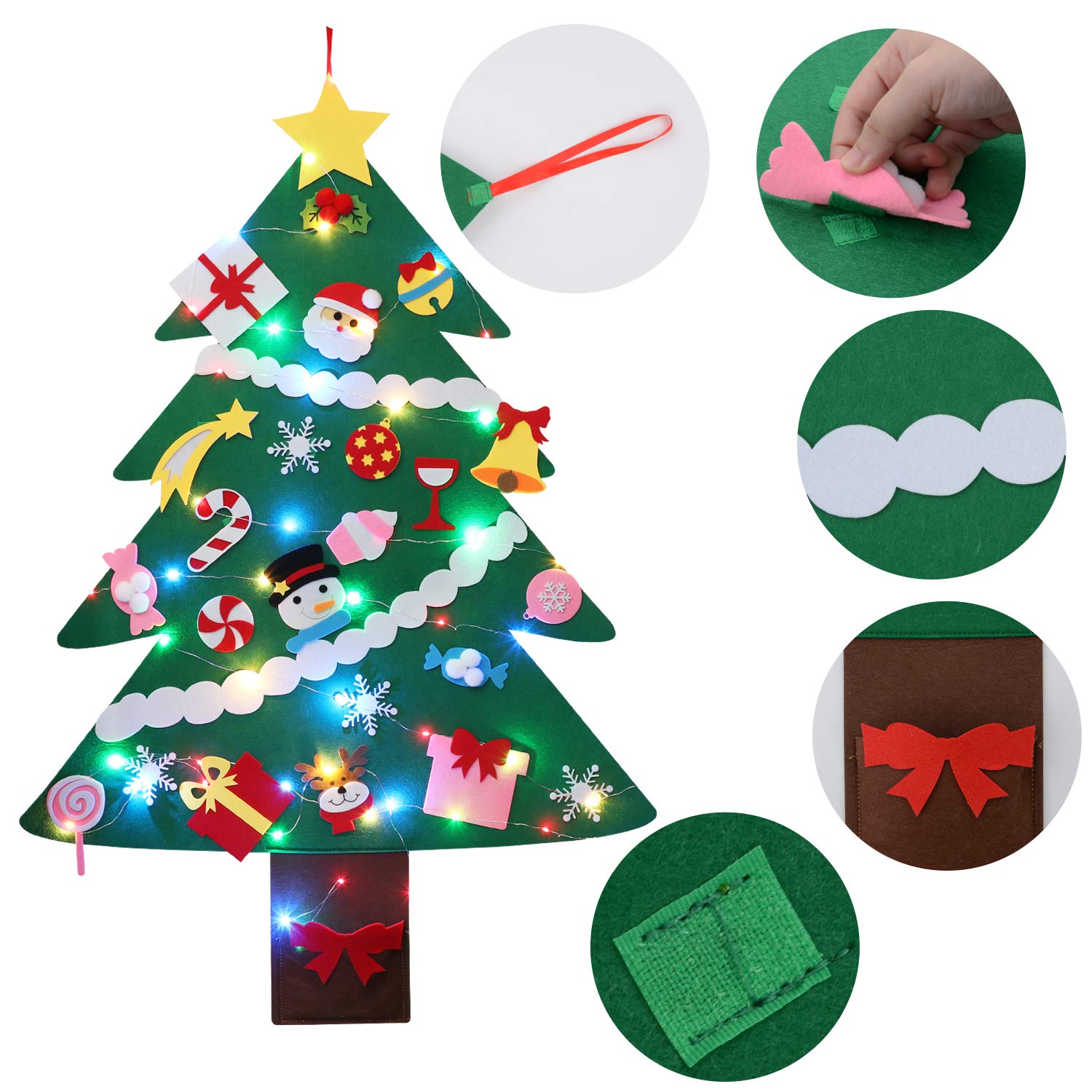 DIY Felt Christmas Tree, Fascigirl Fairy DIY Christmas Door Wall Hanging Decorations Christmas Tree with 16.4ft Colorful LED String Light , 28 Ornaments and 1 Red Gift Bag Xmas Gifts for Kids