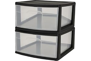 HOMZ 2-Pack 1-Drawer Storage Cart, Clear Plastic Container, 15" Wide Body, Black Frame - Organizing Drawer Containers for Home, Bathroom, Bedroom, Office, and Classroom