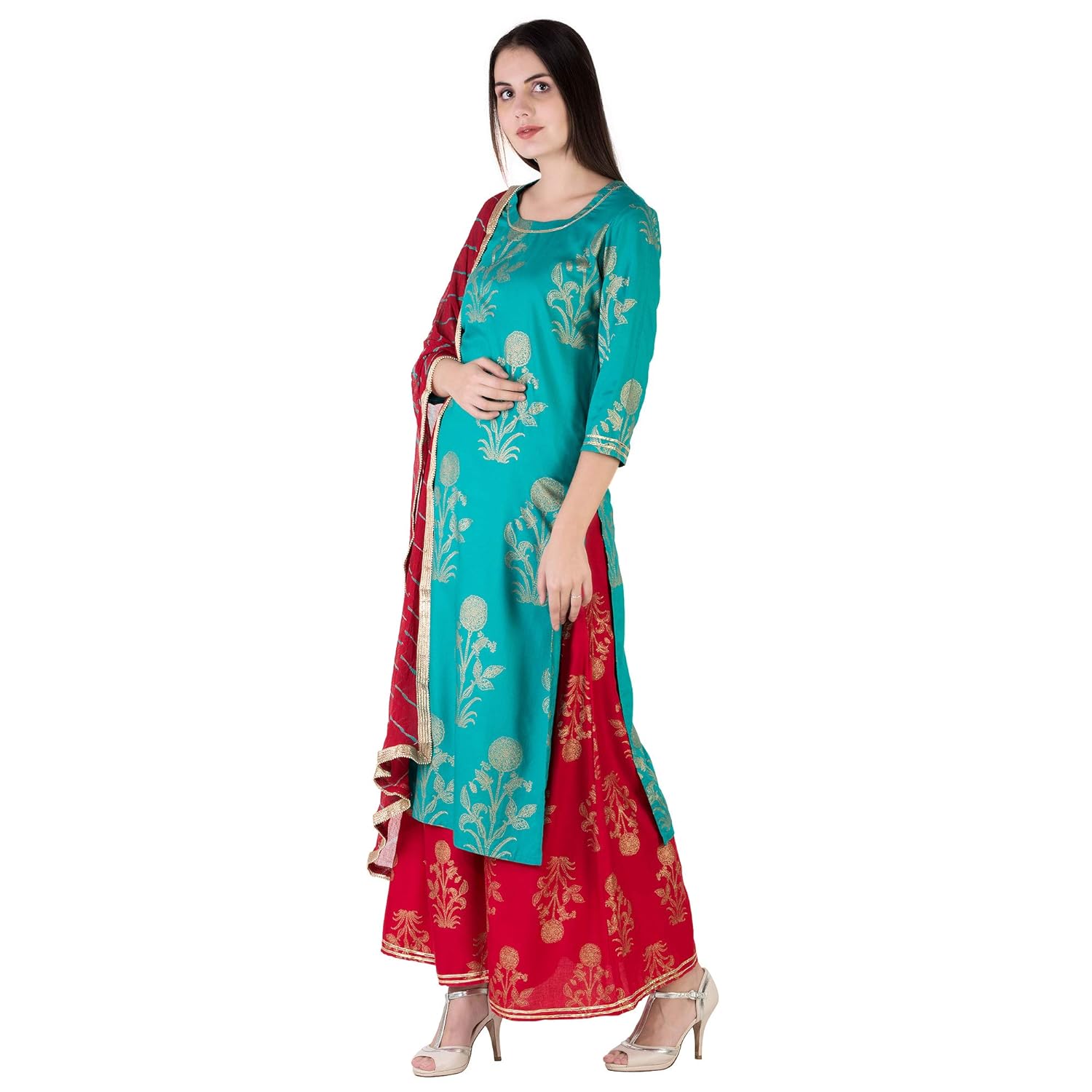 ortange women's rayon gold printed kurta and palazzo with printed dupatta set