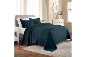 Superior 100% Cotton Basket Weave Bedspread with Shams, All-Season Premium Cotton Matelasse Jacquard Bedding, Quilted-Look Geometric Basket, King, Deep Sea
