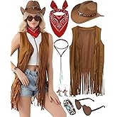 Western Cowgirl Outfits for Women Long Fringe Sleeveless Vest Retro 70s Cowboy Accessories Hippie Country Set 7PCS