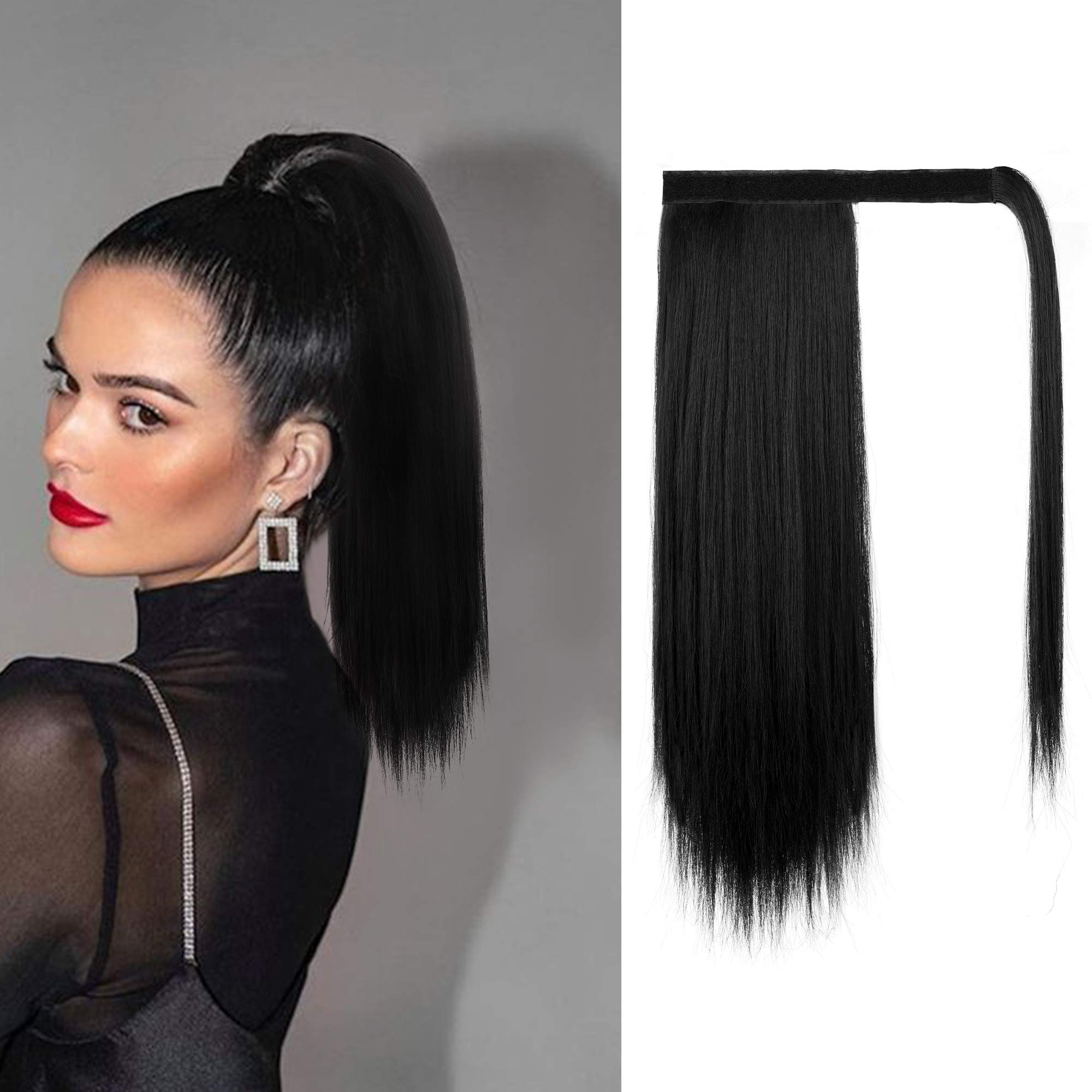 BARSDAR Clip in Ponytail Extensions, 14 inch Short Straight Wrap around Ponytail Extension Fluffy Pony Tails Extensions Synthetic Hair Ponytail Extension for Women Girls Black