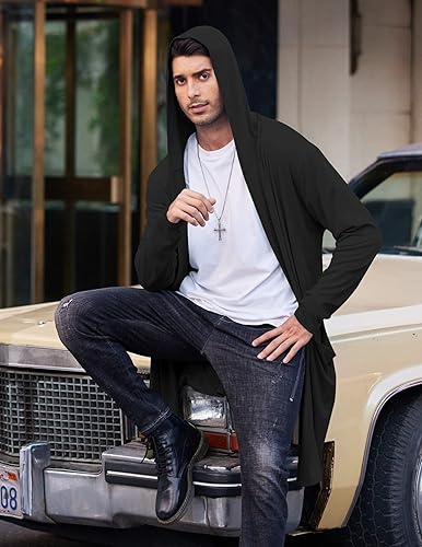 COOFANDY Men's Long Hooded Cardigan Shawl Collar Lightweight Open