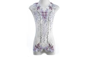 FixrWre Beaded Pearl Flower Fabric Lace Applique, Floral Embroidered Patches Handmade Sewing Tool for DIY Neckline Bodice Wedding Bridal Prom Dress(Purple-Large)