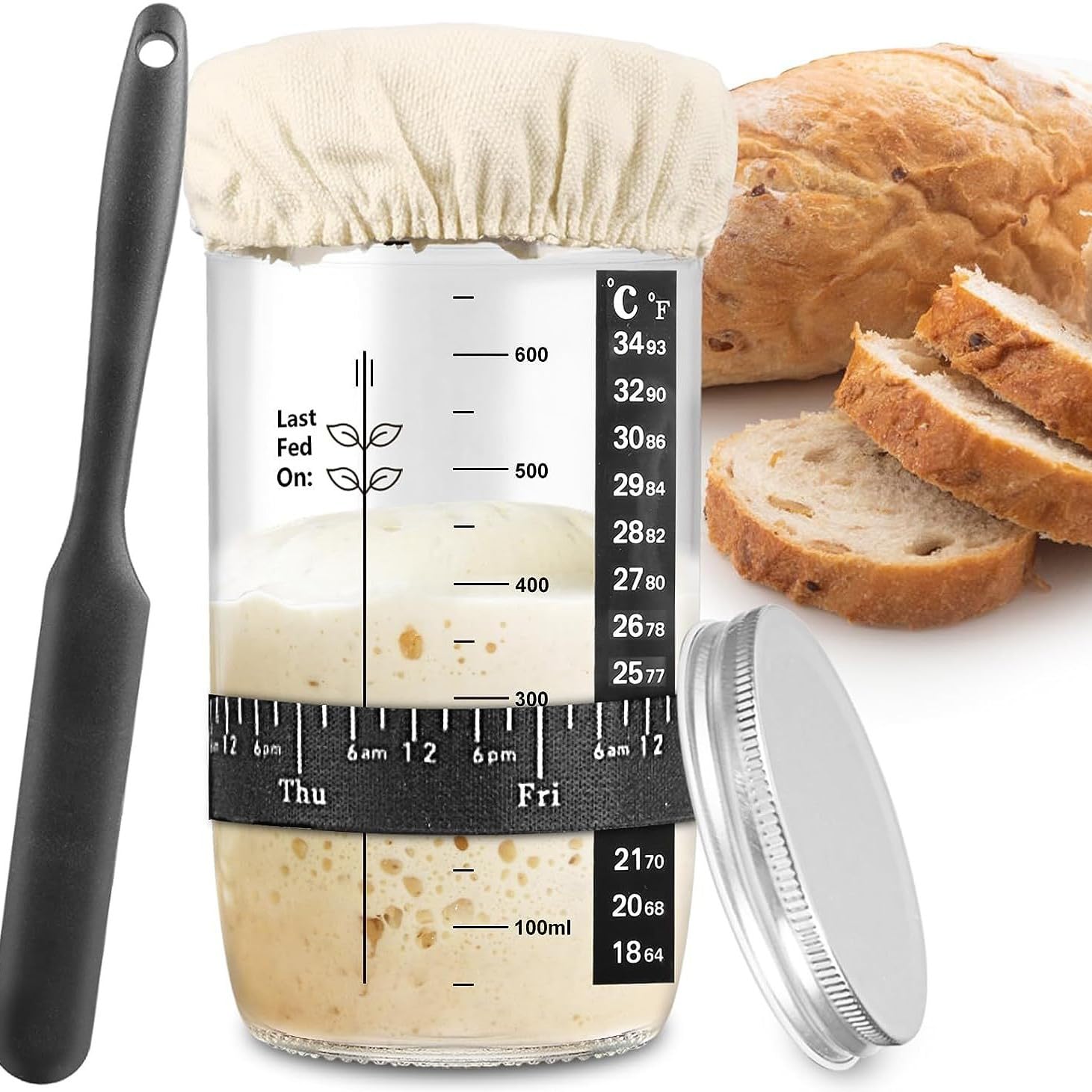 PIQIUQIU Sourdough Starter Jar 24 oz/680 ml, Glass Sourdough Starter Kit with Date Feeding Band, Thermometer, Lid, Silicone Spatula, Reusable Sourdough Bread Baking Accessories
