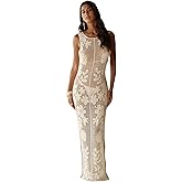 WDIRARA Women's Floral Crochet Sheer Cover Up Maxi Beach Dress Hollow Out Sleeveless Coverups