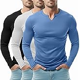 Riyiper 3 Pack Men's Long Sleeve T Shirts, V Neck Longline Henley Cotton Shirts Casual Muscle Tee Stretch Athletic Tops