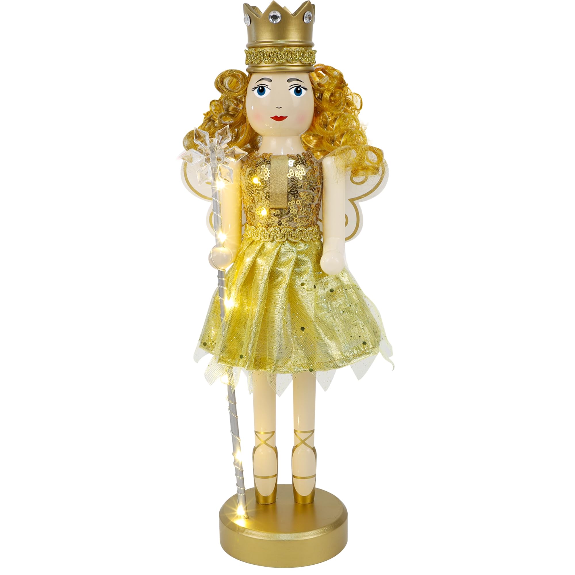 Photo 1 of Joliyoou 14 Inch Christmas Nutcracker Figures, Wooden Nutcracker Golden Fairy Queen Holding A Lighted Snowflake Wand, Xmas Mantel Ornaments Tabletop Centerpieces Festival Shelves Decorations