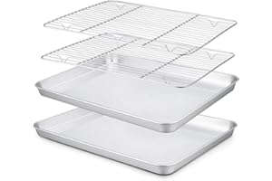 TeamFar 10.5’’ x 8’’ x 1’’ Toaster Oven Pan with Rack Set, Small Baking Pans Tray Stainless Steel with Cooling Rack Set of 4,