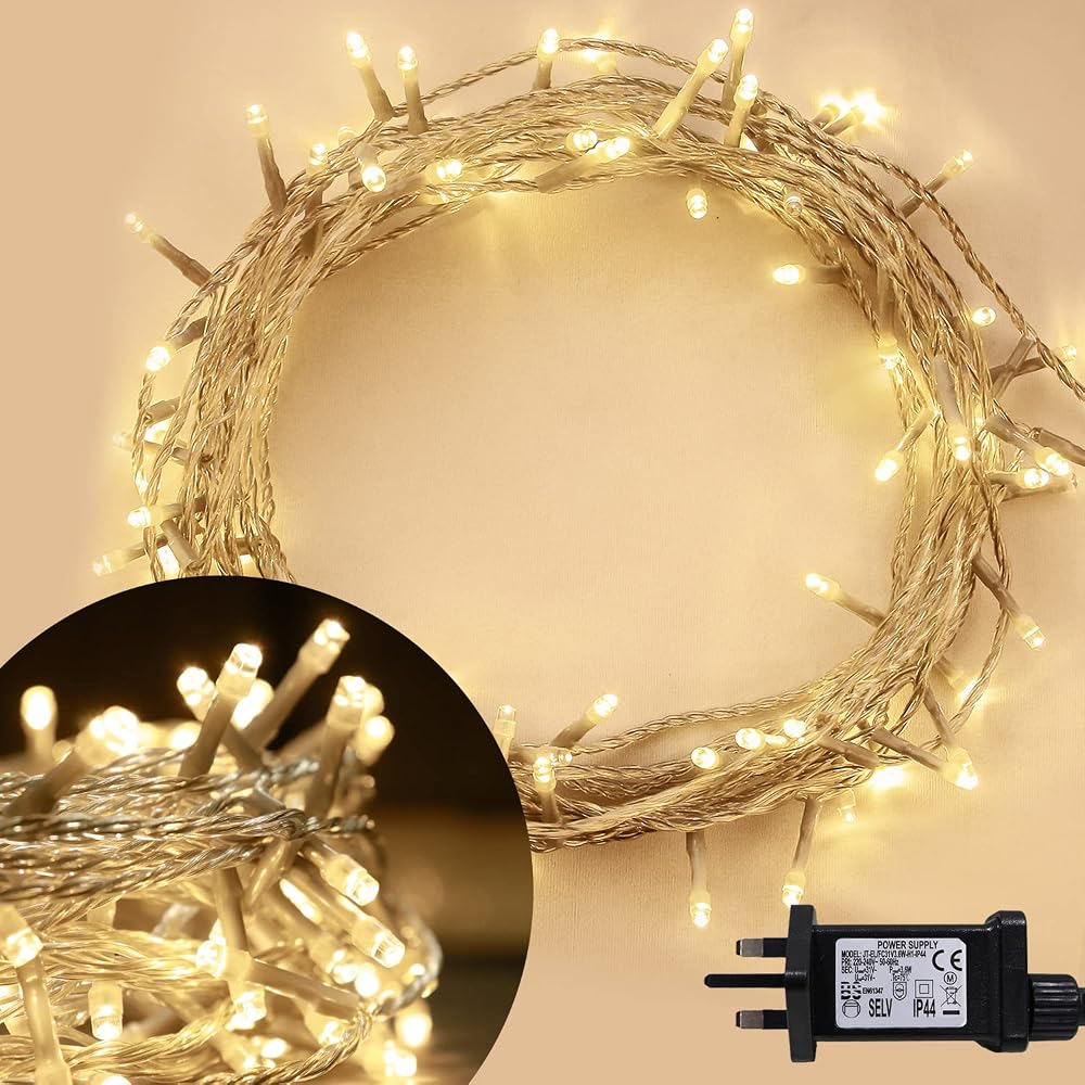 ANSIO Christmas Lights 100 LED 10m Warm White Mains 3m Cable