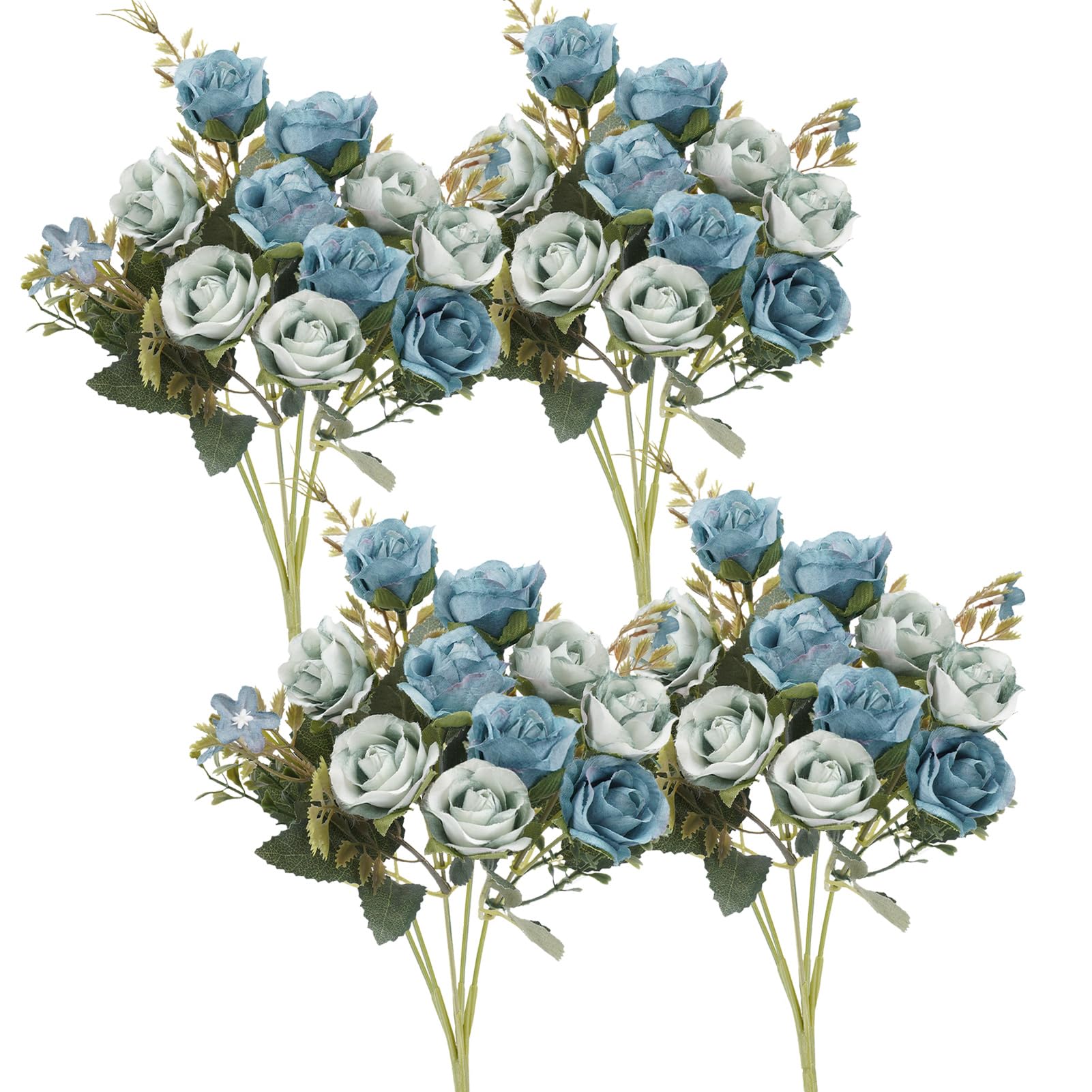 Photo 1 of Neendohome 5 Stems 10 Heads Artificial Flowers Mini Roses with Leaf Bridal Bouquets for Wedding Centerpieces Indoor Home Table Decoration(4 Pack, Blue)
