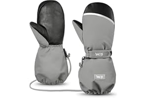 MCTi Kids Mittens Waterproof Winter Ski Warm Sherpa Lined Long Cuff with String Gray XXXS