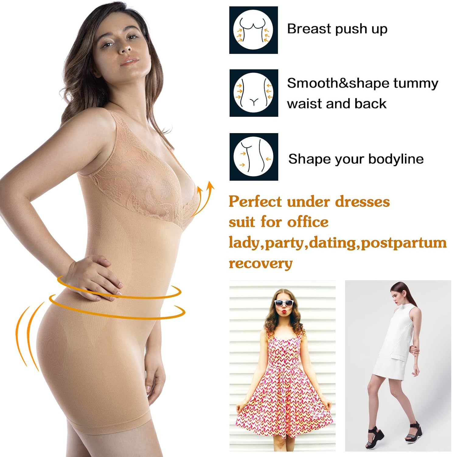 +MD Women's Full Body Shapewear Firm Control Seamless Slip V Neck Lace Tummy Control Slip Under Dresses at  Women’s Clothing store