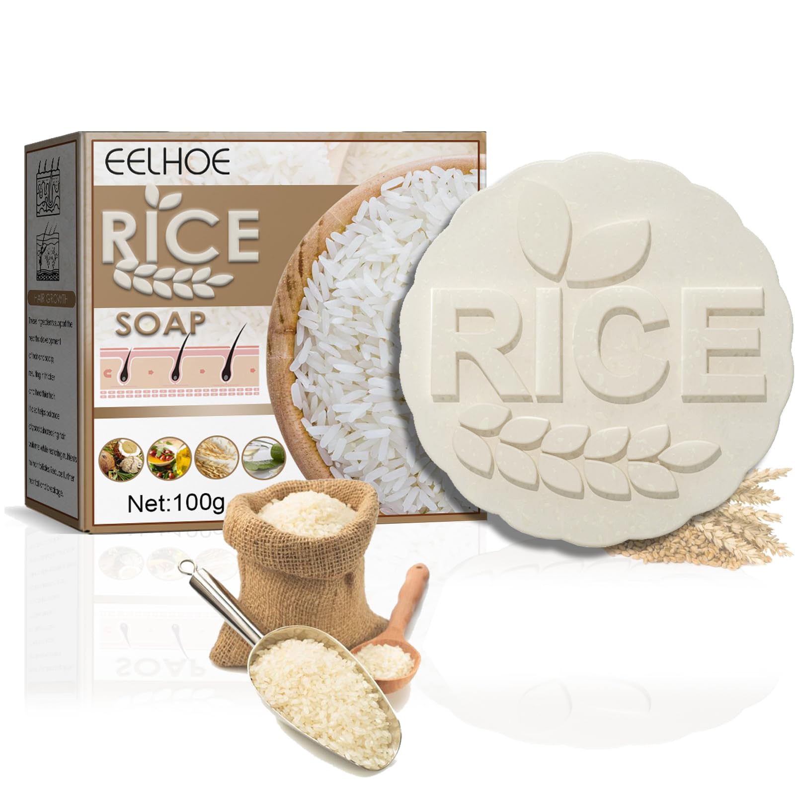 FANFALUV Rice Water Shampoo Bar - 100% Natural Vegan, Nourishing, Volumizing, Cleansing, Moisturizing & Strengthening for Dry Damaged Hair - Cruelty Free (100g)