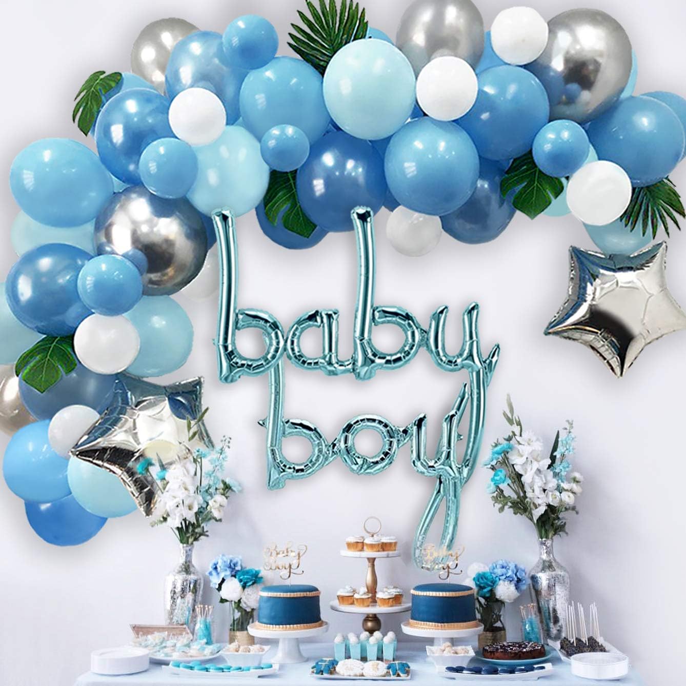 Amazon Com Ola Memoirs Premium Baby Shower Decorations For Boy Balloon Arch Kit Blue Garland With Faux Greenery Silver Star Grey White Balloon Baby Boy Theme Decoration Kits Boys Decor Backdrop Supplies Pack