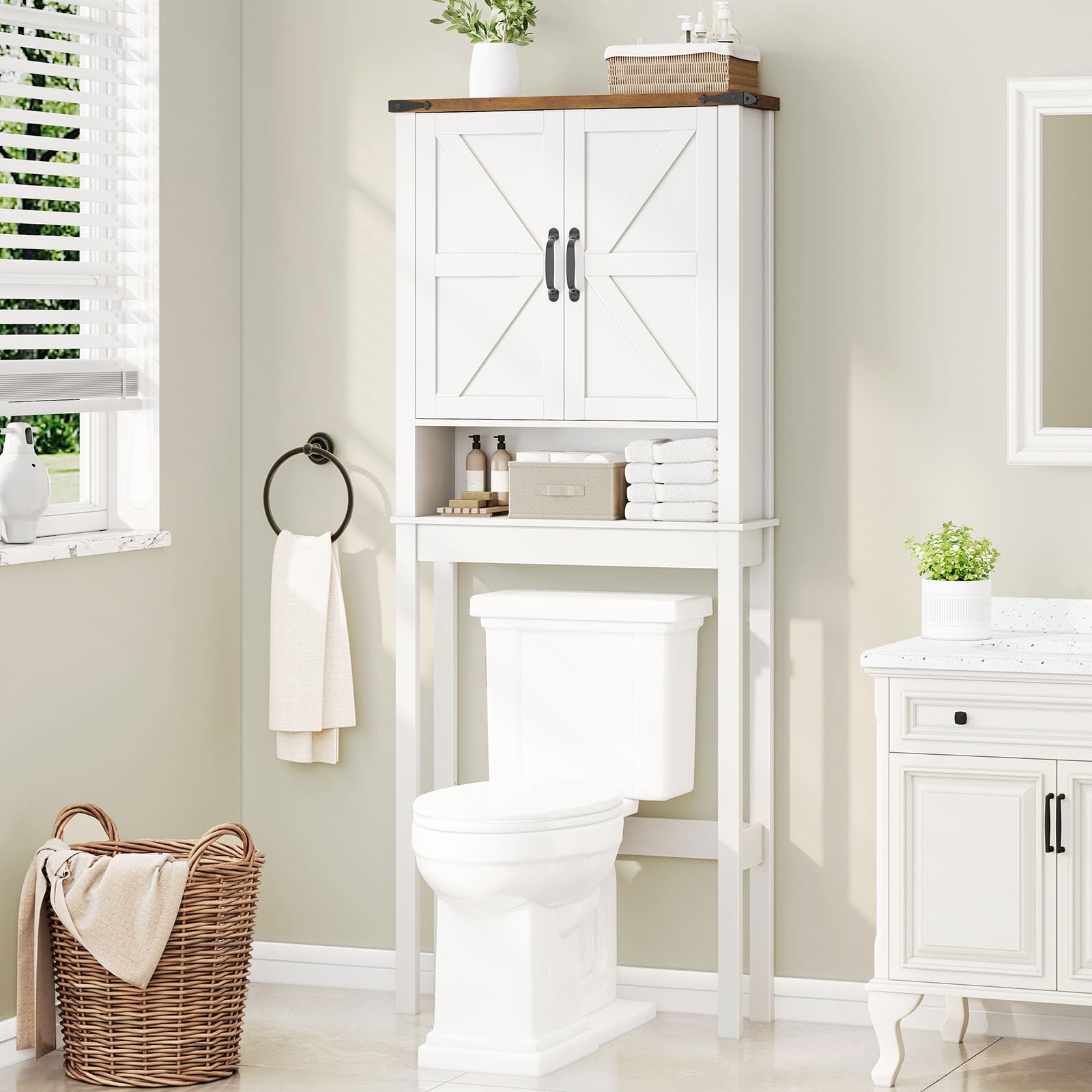 Photo 1 of Over The Toilet Storage Cabinet, Farmhouse Over Toilet Bathroom Organizer with 2 Barn Doors, Narrow Above Toilet Storage Cabinet, Behind Toilet Bathroom Organizer (Rustic White)