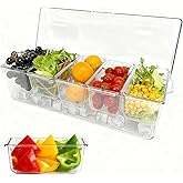 Pesilo Ice Chilled Condiment Server, 5 Removable Compartments Condiment Containers with Lids Drain Plug, Clear Garnish Tray Serving Platter Holder for Caddy Fruit Snack Sauce Taco Salad Bar Supplies