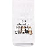 bitCNY Life is Better with Cats Kitchen Towel - 24x16 Inches Funny Cat Lover Tea Towel, Cute Cartoon Cat Dish Towel, Waffle Weave Decorative Towel for Kitchen or Bathroom
