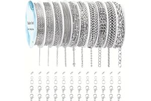 10 Rolls of 304 Stainless Steel DIY Jewelry Making Chains, 10 Styles of Metal Chains and Accessories, Perfect for DIY Craft E