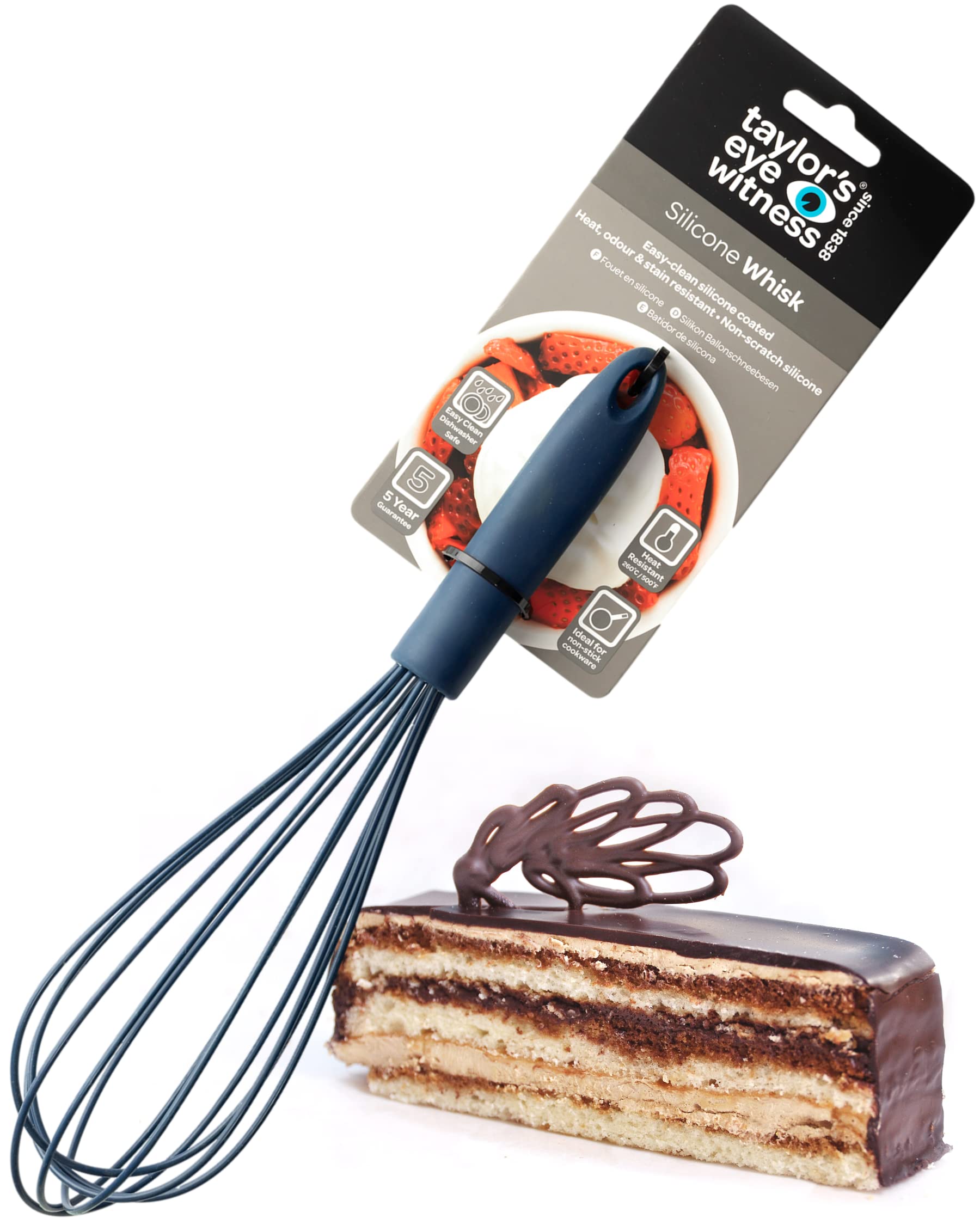 Taylors Eye Witness Large Denim Blue Silicone Whipping Whisk - Dishwasher Safe. Sturdy Build, Non-Scratch Balloon Head. Easy Clean. Odour, Stain & Heat Resistant (260°C/500°F). 5 Year Guarantee