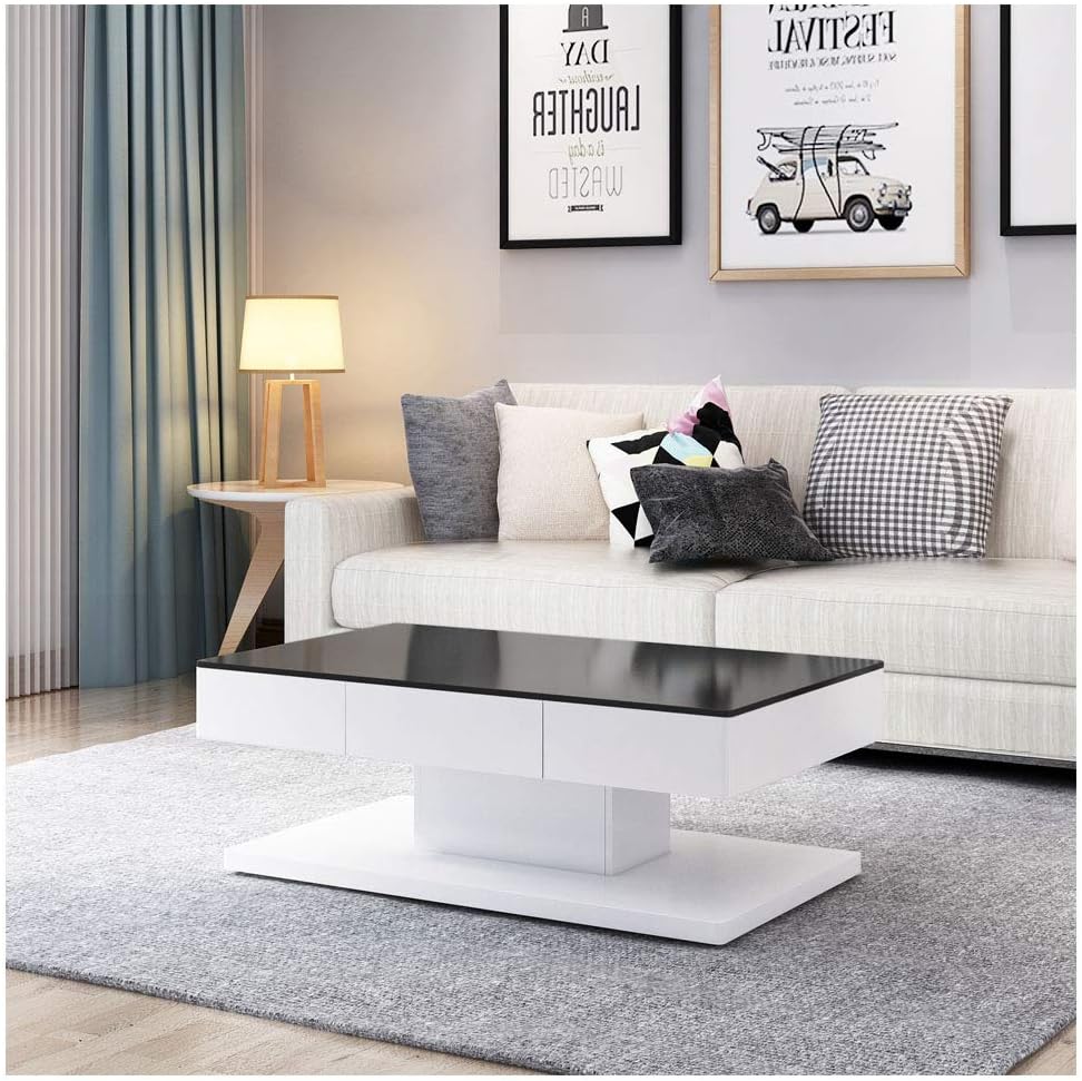 Shinawood High Gloss Coffee Table with 2 Drawers Home Decoration White and Black Options Modern Simple (Black)