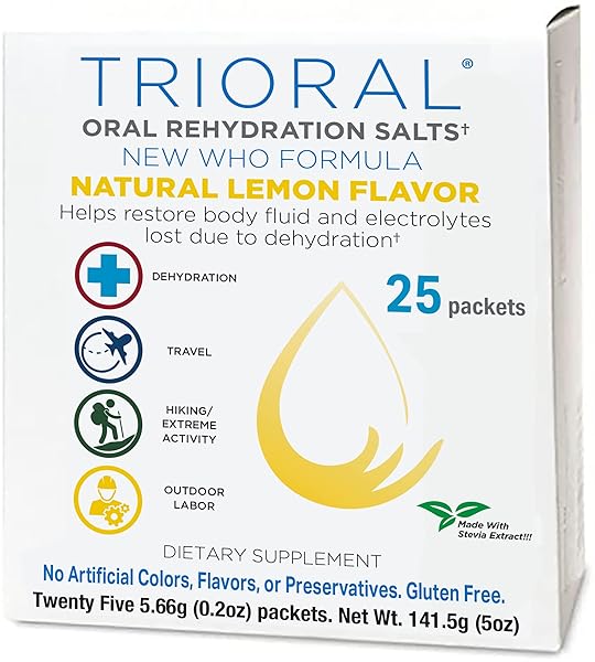 TRIORAL NATURAL LEMON W/ STEVIA ORAL REHYDRATION SALTS (WORLD HEALTH ORGANIZATION NEW FORMULA FOR FOOD POISONING, HANGOVER PREVENTION AND RELIEF, DEHYDRATION FROM DIARRHEA (25 PACKETS/BOX)