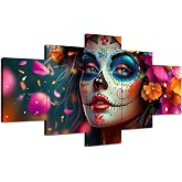 ARNLRDYA Day of The Dead Wall Art Canvas, Skull Makeup Girl, 60x32inch | HD Printing, Marigold Mexico Poster, Floral Picture Frame, Ready to Hang, Festivals Gift Home Decor