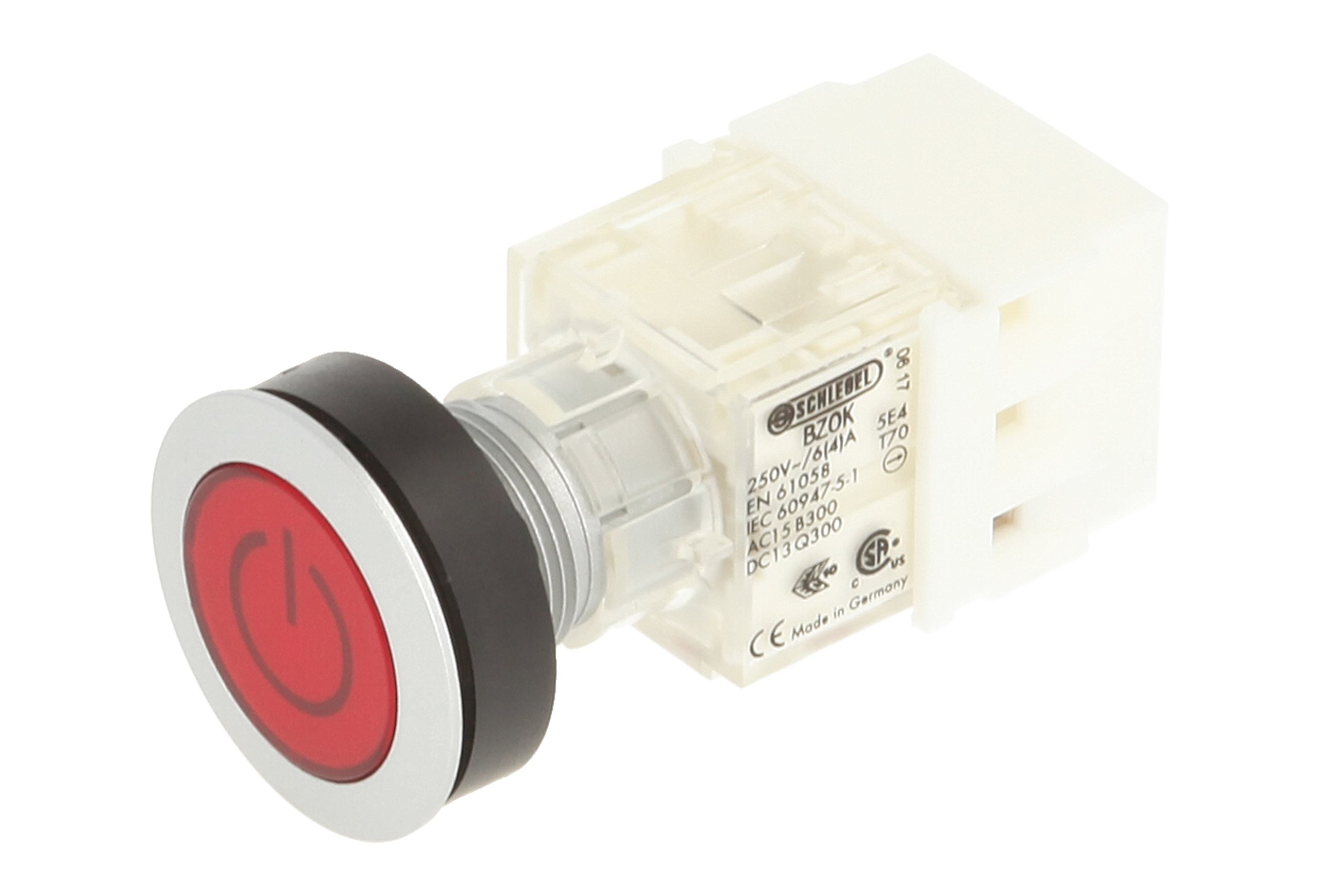 Schlegel 23.000.375 Push Button Silver-Coloured, Button Cap Red, Label Symbol On/Off, Push Contact Sensor 1 Opener, Screw Connection