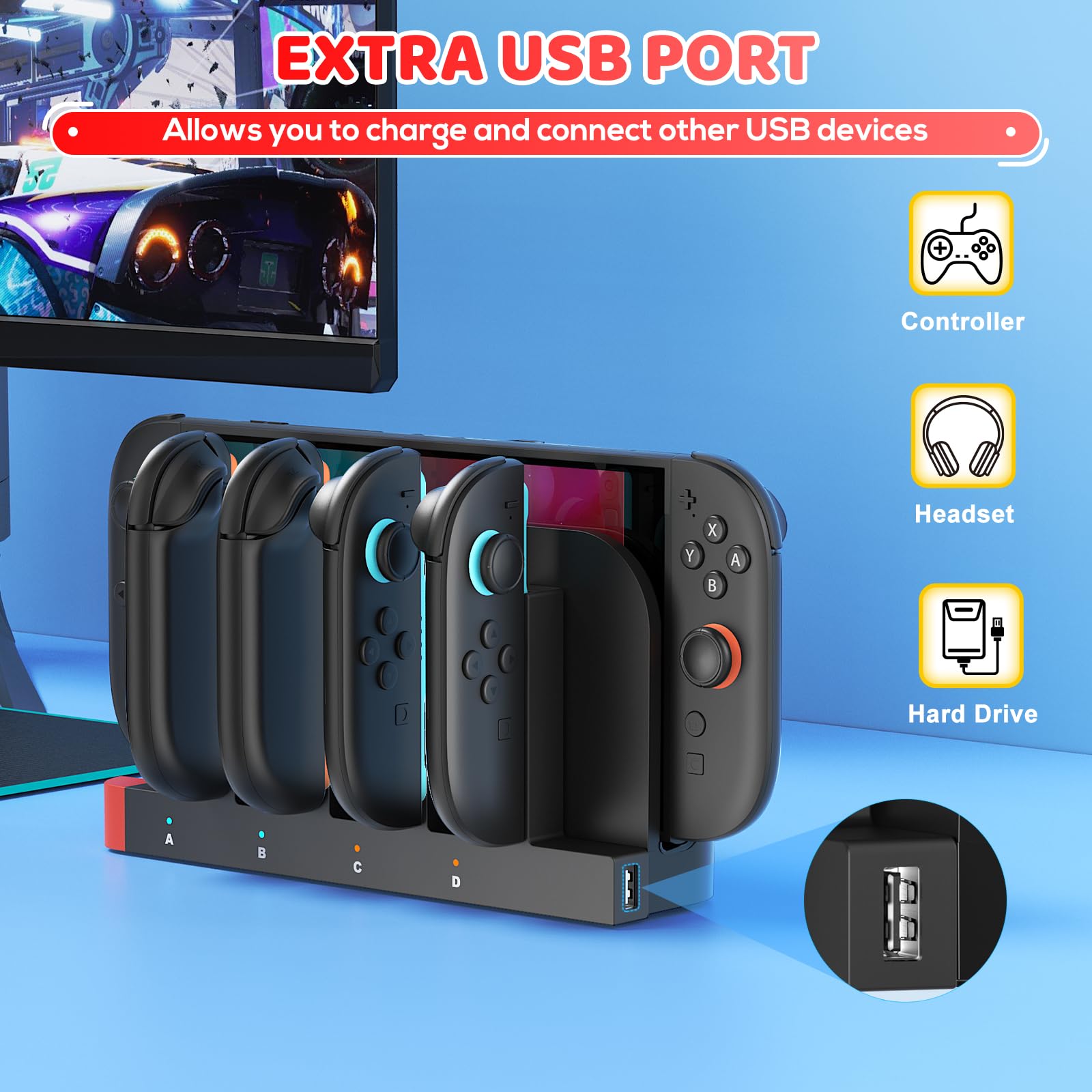 Ladestation für Switch 2, Controller Ladestation Kompatibel mit Joy Con 2, Klipdasse 4 in 1 Kompakt Magnetisch Ladegerät, Zubehör für Nintendo Switch 2 4