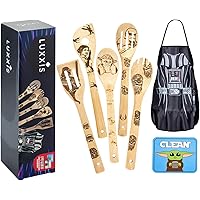 Luxxis Star Wars Gifts Kitchen Accessories Bamboo Cooking Utensils 7PC Set- 5X Organic Bamboo Spoons, 1X Kitchen Apron, 1X Di