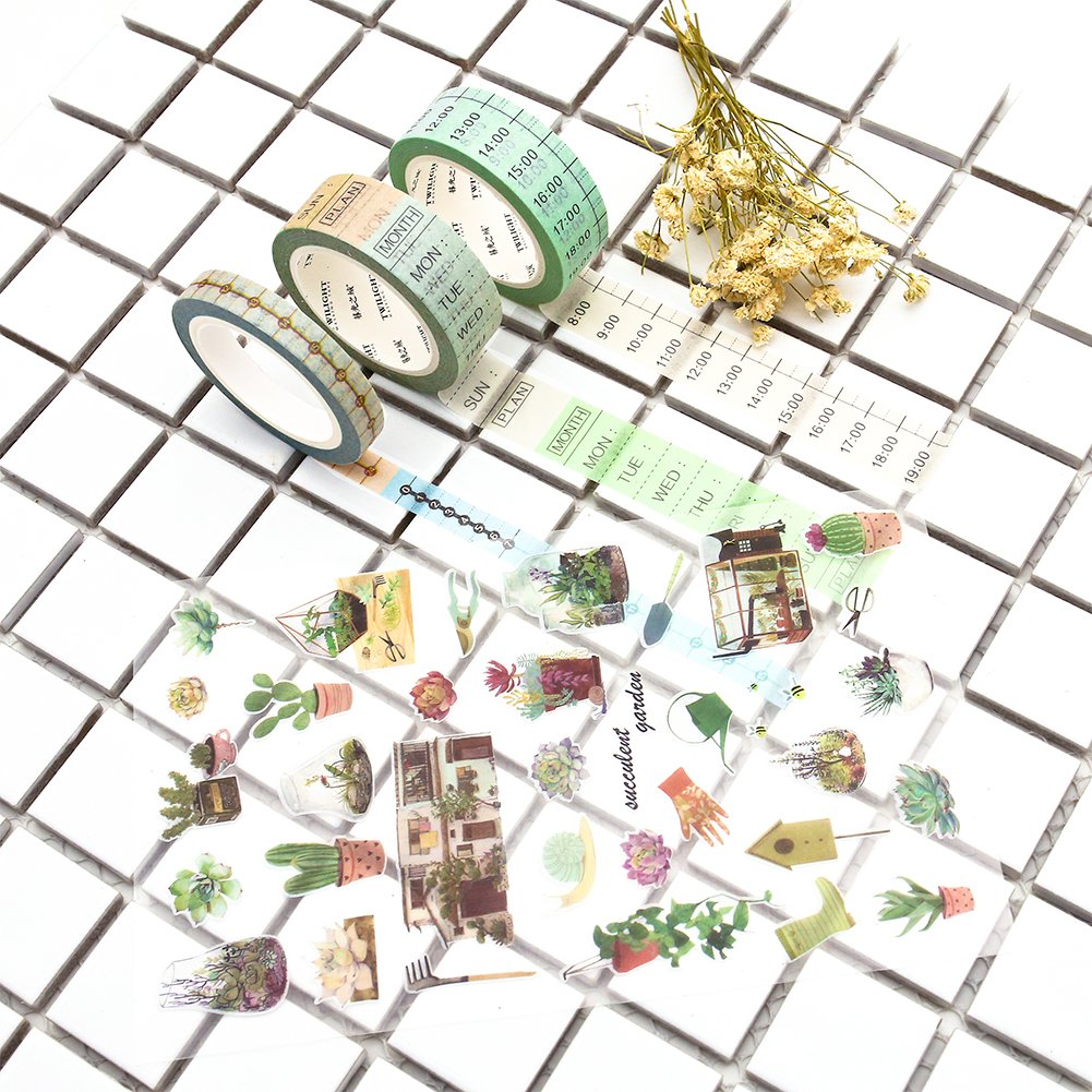 Washi Tape Set, Time Plan Washi Tape, Monthly/Week/ Daytime Decorative Masking Tape with Green Plants Stickers for Scrapbooking, Notebooks DIY Crafts, Album, Bullet Journals