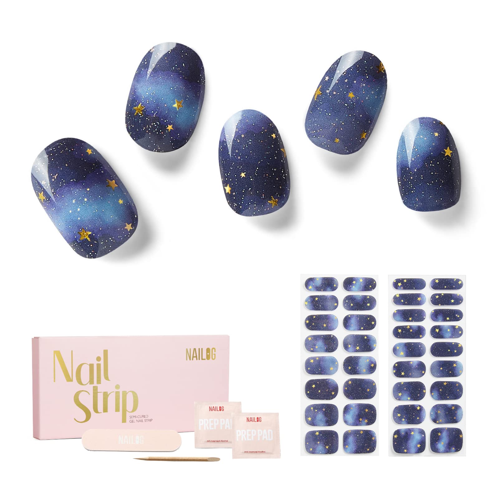NAILOG Semi Cured Gel Nail Strips, 34 pcs Salon-Quality Gel Nail Stickers, Long Lasting Nail Wraps for Women with Soft Gel Finish, Starry Night — image 1