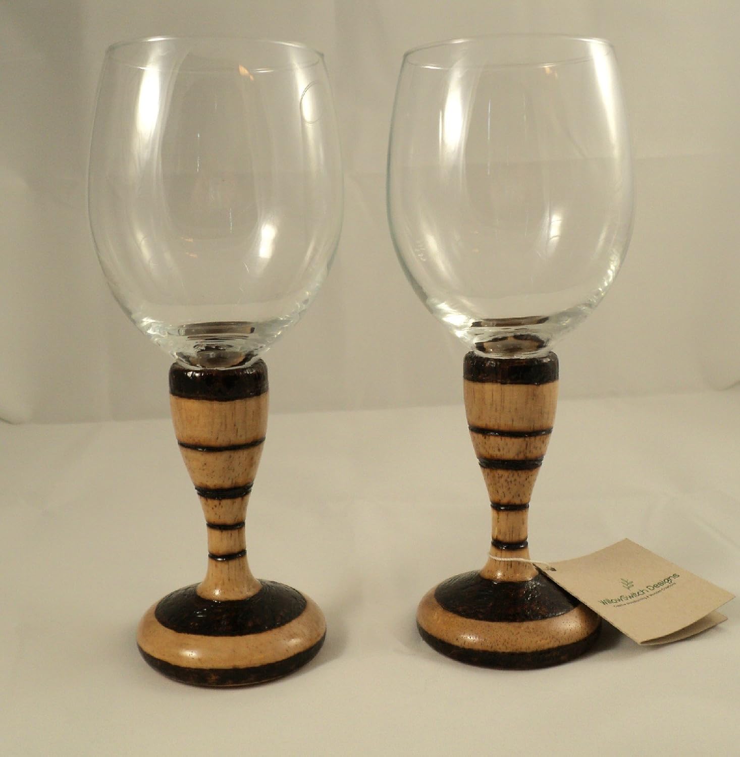 Set of Two Turned Wood Wooden Stemmed Woodburned Wine