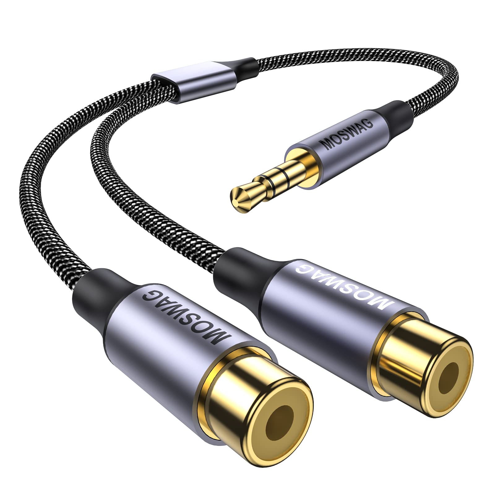MOSWAG 3.5mm to RCA Cable, 3.5mm Male to Dual 2 RCA Female Stereo Audio Adapter Cable, 24K Gold-Plated & Nylon Braided, Connect Smartphone MP3 Tablet to Speaker, Home Theater, HDTV & Amplifier
