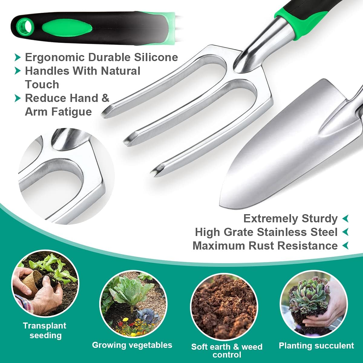 82 Pcs Garden Tools Set, Extra Succulent Tools Set, Heavy Duty Gardening Tools Aluminum with Soft Rubberized Non-Slip Handle Tools, Durable Storage Tote Bag, Gifts for Men (Green) : Garden & Outdoor