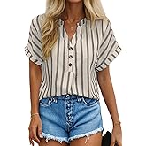 Dokotoo Women’s Summer Short Batwing Sleeve Button Shirts Business Casual Striped Color Block V Neck Lightweight Tops Blouses