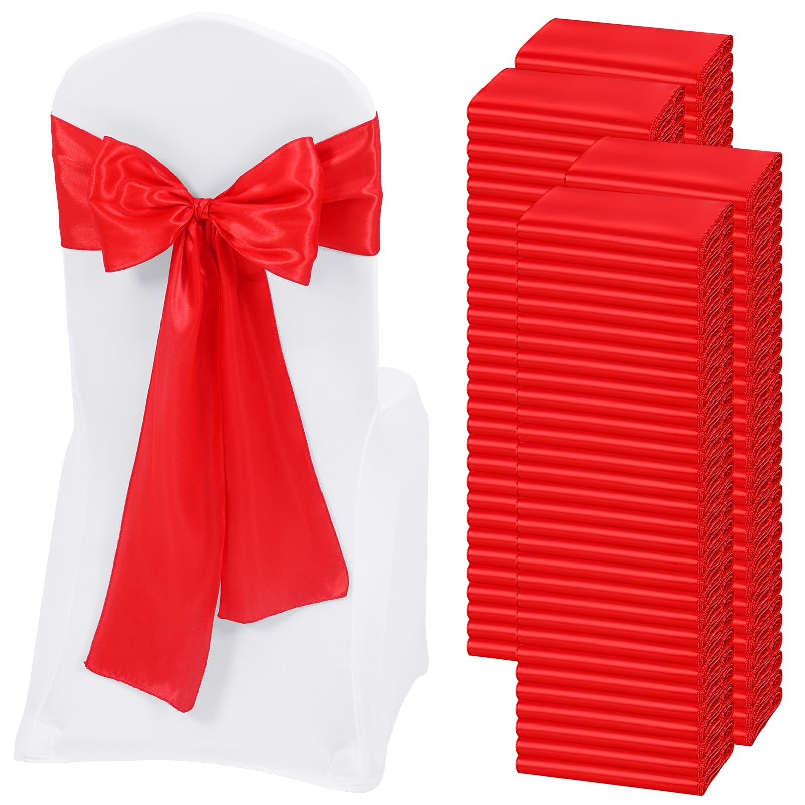 Photo 1 of 120 PCS Red Satin Chair Sashes, Ties Bows Designed Chairs Decorative, Chair Cover Sashes for Thanksgiving Wedding Christmas Banquet Party Home Kitchen Decoration (7 x 108 inch)