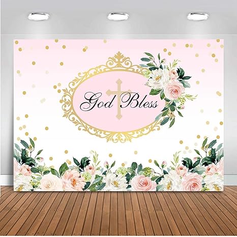 Mocsicka First Communion Backdrop 7x5ft God Bless Baptism Flower