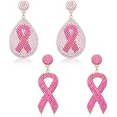 Breast Cancer Awareness Earrings Pink Ribbon Earrings for Women Beaded Ribbon Bow Drop Dangle Earrings Set Breast Cancer Survivor Support Jewelry Gifts
