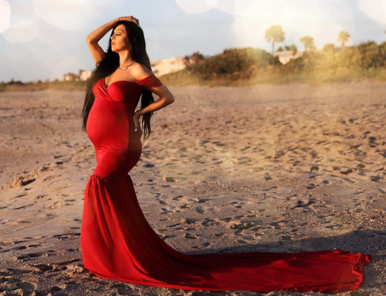 ZIUMUDY Maternity Off Shoulder Mermaid Chiffon Gown Maxi Photography Dress Baby Shower Photo Props Dress (Burgundy) at  Women’s Clothing store